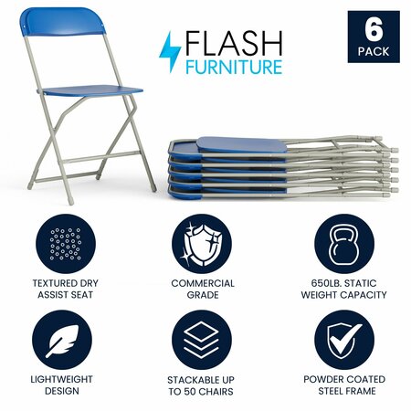 Flash Furniture Hercules Series Plastic Folding Chair Blue - 6 Pack 650LB Weight Capacity Comfortable Event Chair-Lightweight Folding Chair 6-LE-L-3-BLUE-GG